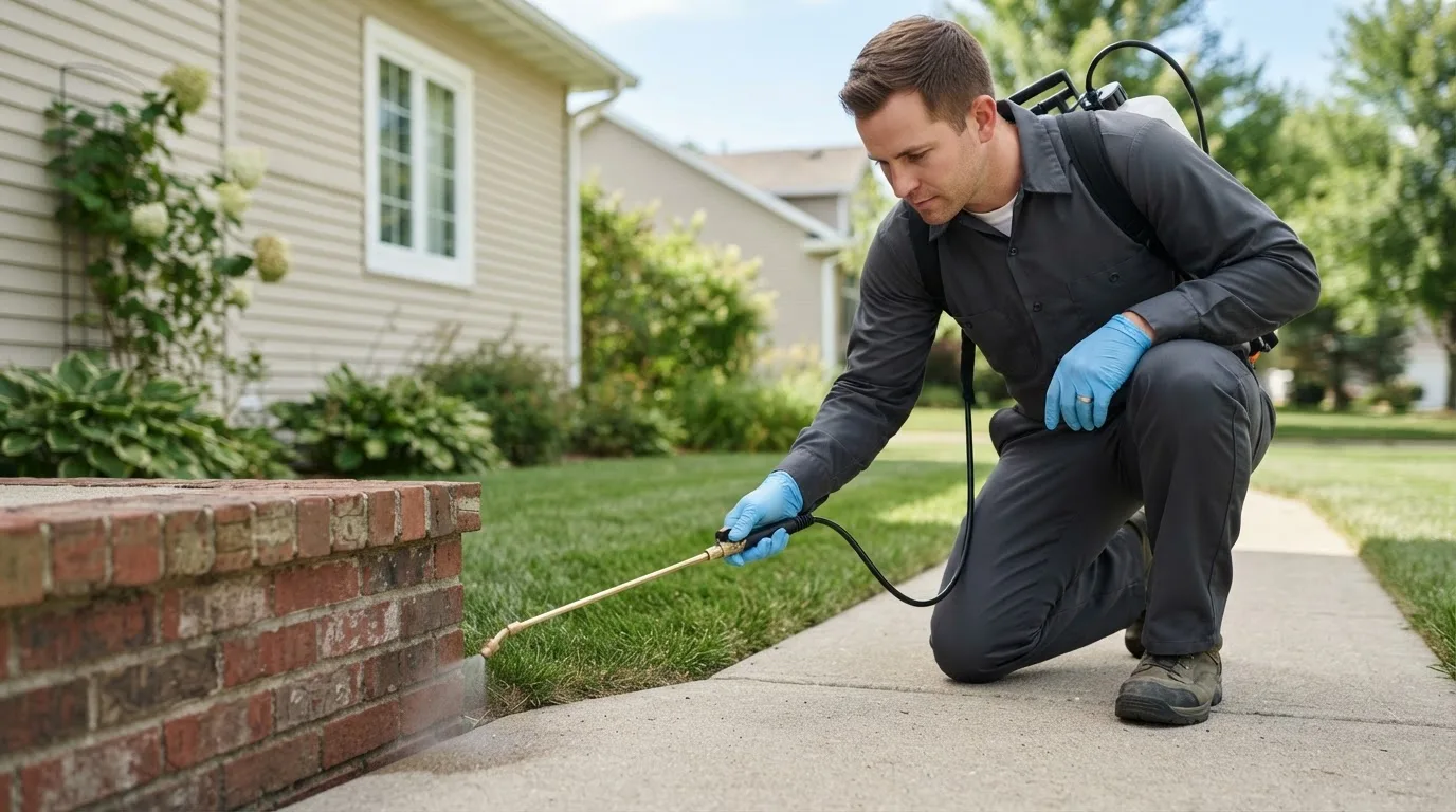 Pest control technician treating a home near Melvin, IA