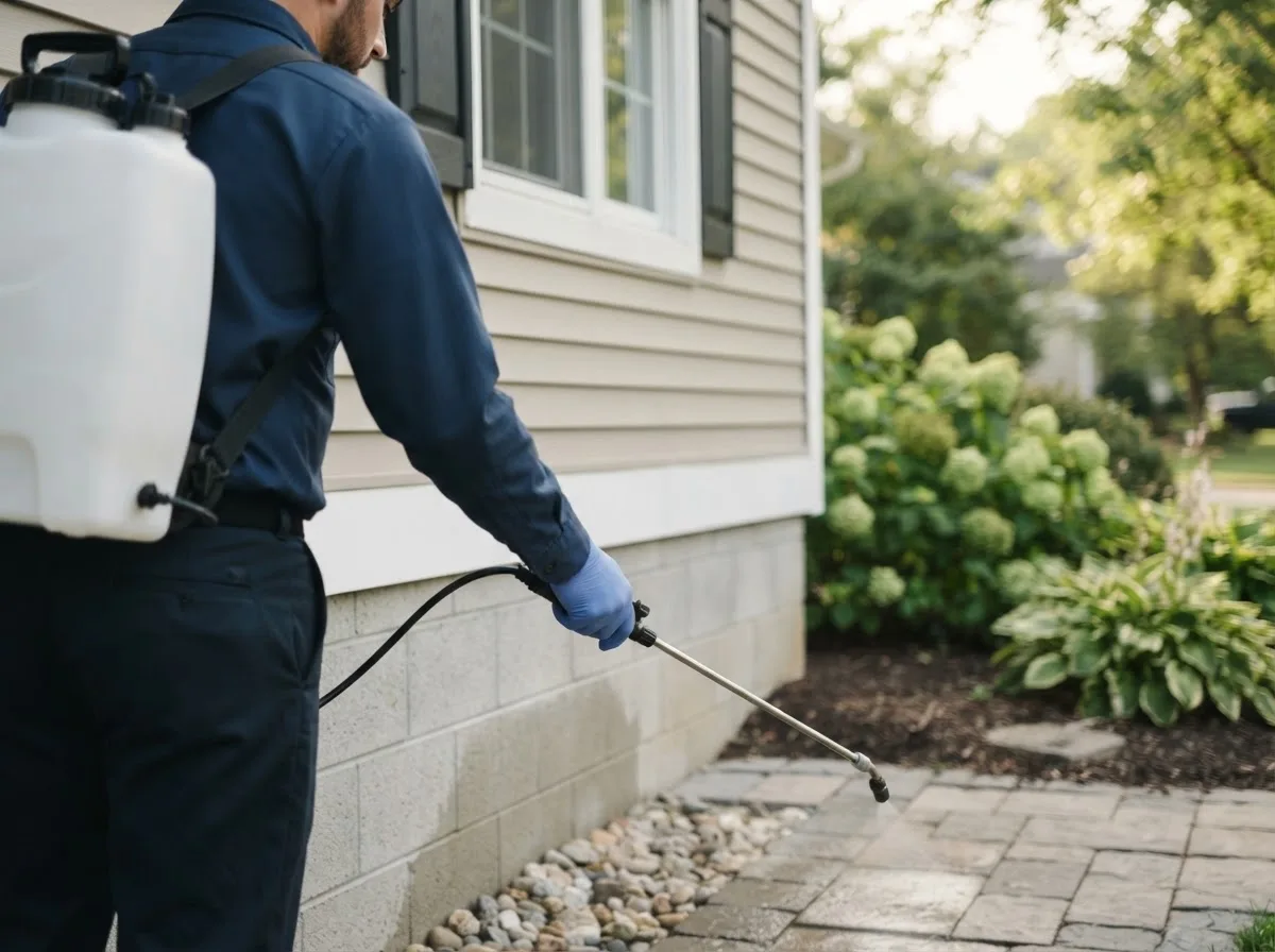 Pest control technician inspecting a home in Melvin, IA